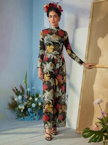 Frida Kahlo X SHEIN X Designer ISELACOS Mock Neck Tropical Printed Sheer Mesh Top With Lettuce Hem, Holiday, Thanksgiving, Spring & Summer, Going Out, Festival