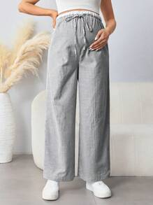 SHEIN 孕妇休闲通勤松紧腰蝴蝶结抽绳直腿宽松裤 - 黑與白 - 查看 4