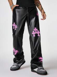 Manfinity RebelGame 男士宽松直筒巴西皮革长裤，图案外出宽松裤，适合丈夫、男朋友的礼物，秋季 - 黑色 - 查看 2