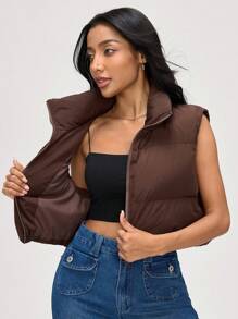 SHEIN BASICS Áo vest dáng rộng cổ đứng dệt trơn màu giản dị cho nữ - Cà phê nâu - Xem 5