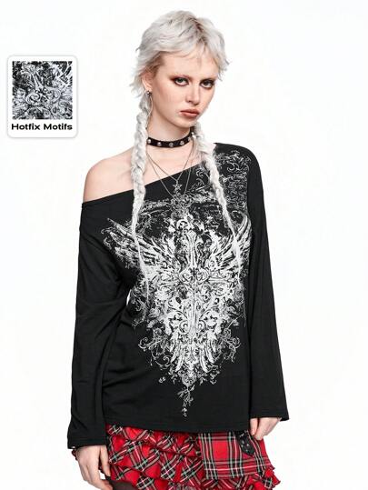 Grunge Punk T-shirt vintage à col asymétrique avec impression de strass en forme d'aile de vigne