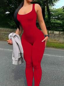 INAWLY Women Square Neck Casual Jumpsuit, Summer - Red - View 4