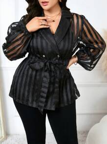 Modelyn 加大码翻领腰部蝴蝶结撞色网眼宽松休闲衬衫 - 黑色 - 查看 1