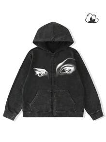 Manfinity EMRG Sudadera informal con capucha y cremallera con estampado de ojo para hombre