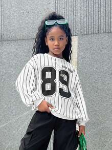 Tween Girls Fashionable Street Style Knitted Striped Crew Neck Pullover Sweatshirt,In Fall/Winter - White - View 5