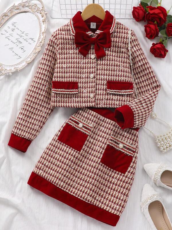 SHEIN Conjunto de 2 piezas de blusa de manga larga con decoración de moño y falda estampada de pata de gallo para niña preadolescente
