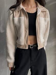 DAZY Women's Autumn Casual Color Block Cropped Jacket,Thermal Lined - Beige - View 4