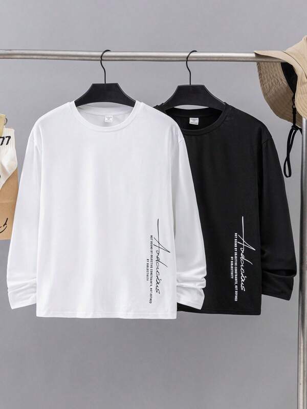 SHEIN 2pcs Tween Boy Black & White Letter Graphic Round Neck T-Shirt, Suitable For Halloween Costume, Boys Casual Wear For Fall & Winter, Commuting, School, Daily Life, Sports, Autumn/Winter