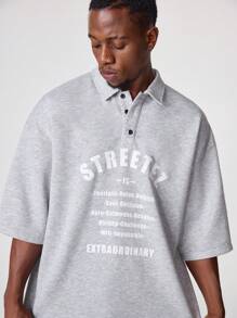 Manfinity VCAY Men's Button-Up Casual Short Sleeve Letter Print Loose Fitting Polo Shirt