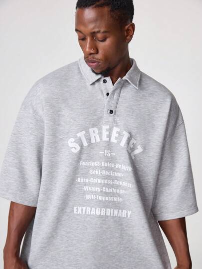 Manfinity VCAY 男士纽扣休闲短袖字母印花宽松 Polo 衫
