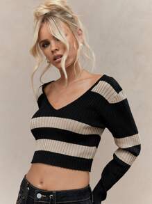 MISSGUIDED Stripe Plunge Neck Long Sleeves Crop Sweater Top - Black - View 3