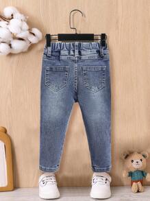 SHEIN Baby Boys' Cute Blue Ripped Frayed High Stretch Letter Embroidered Jeans,For Baby Boys Outdoor Wear