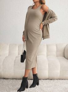 SHEIN 2pcs Maternity Outfit Set: Button Cardigan Top And Sleeveless Bodycon Dress, Autumn Winter - Khaki - View 5