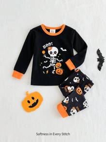 Cozy Pixies 2 piezas Conjunto de pijama niña bebé con parte superior de manga larga con cuello redondo y estampado de letra en contraste y pantalón largo, Halloween