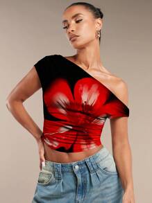 SHEIN BAE Women Floral Sexy Party Asymmetric Ruched Cropped Strapless Top - Red and Black - View 2