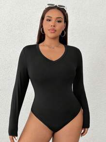 SHEIN EZwear Plus Size Crew Neck Long Sleeve Form-Fitting Elegant And Sweet Charming Fashion Bodysuit, For Winter