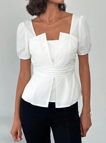 SHEIN Privé Blusa de manga abultada con cintura ceñida, diseño elegante y versátil, adecuada para ir al trabajo, citas y uso casual