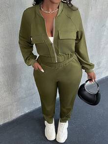 VaVaBold 2 piezas Conjunto de pantalones jogger de punto con bolsillos frontales con cremallera para mujer, otoño - Verde militar - Ver 5