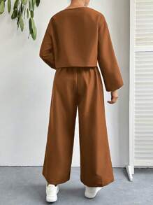 SHEIN Essnce 2 件女式船领长袖上衣和纯色休闲裤套装 - 棕色 - 查看 2