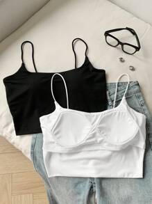 Comfortcana 2 件女士休闲百搭黑白拼色吊带背心 - 黑與白 - 查看 3