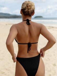 SHEIN Swim 女士纯色比基尼泳装套装，夏季 - 黑色 - 查看 2