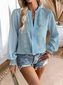 Lucivie Long Sleeve Embroidered Casual Shirt - Blue - View 5
