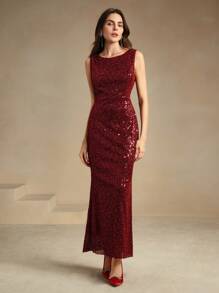 Anewsta 女士圆领露背亮片美人鱼安哥拉红色优雅派对礼服 - 酒紅色 - 查看 7