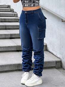 SHEIN ICON Quần jean denim rách cỡ lớn màu xanh lam, trang phục dạo phố thông thường - Rửa tối - Xem 5