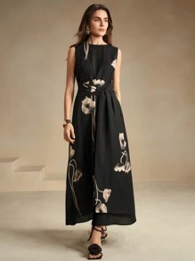 Anewsta 都市女士无袖花卉印花黑色连衣裙长款女装 - 黑色 - 查看 7