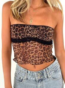 INAWLY Blusa sexy de mujer talla grande con adorno de malla, estampado de leopardo y flores