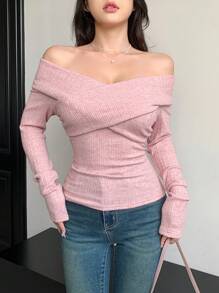 DAZY 情人节粉色露肩长袖T恤女士秋装 - 粉色 - 查看 9