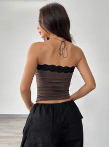 SHEIN EZwear Summer Going Out Contrast Pink Lace Trim Ruched Side Bow Front Tube Top
