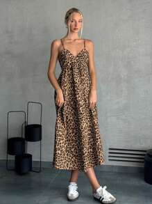 SHEIN EZwear Leopard Print Woven Spaghetti Strap Women's Vacation Dress - Brown - View 3