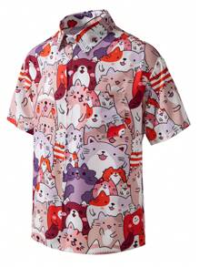 Manfinity Hypemode Men's Allover Cat Print Button-Up Short Sleeve Shirt - Multicolor - View 4