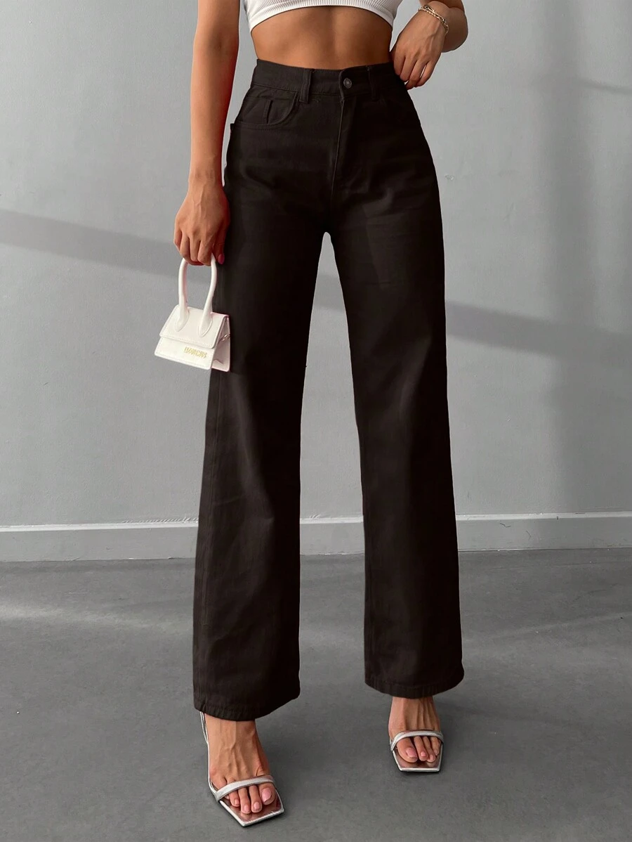 100% Cotton Women's High-Waisted Straight Casual Denim Jeans - Brown - View 1