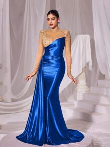 Vestido de satén formal con detalles de strass, cuello alto contrastado, malla y mangas largas, elegante vestido de fiesta, graduación, cena o boda - azul real - Ver 8