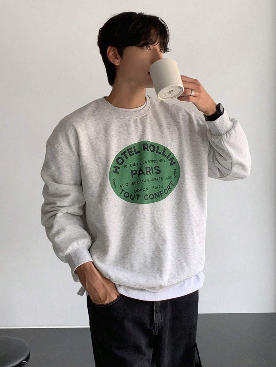 DAZY Men's Autumn Letter Print Pullover Sweatshirt , Crewneck - Grey - View 1