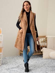 SHEIN Maternity Dual Pocket Shawl Collar Open Front Teddy Vest Coat, Autumn Winter - Khaki - View 6