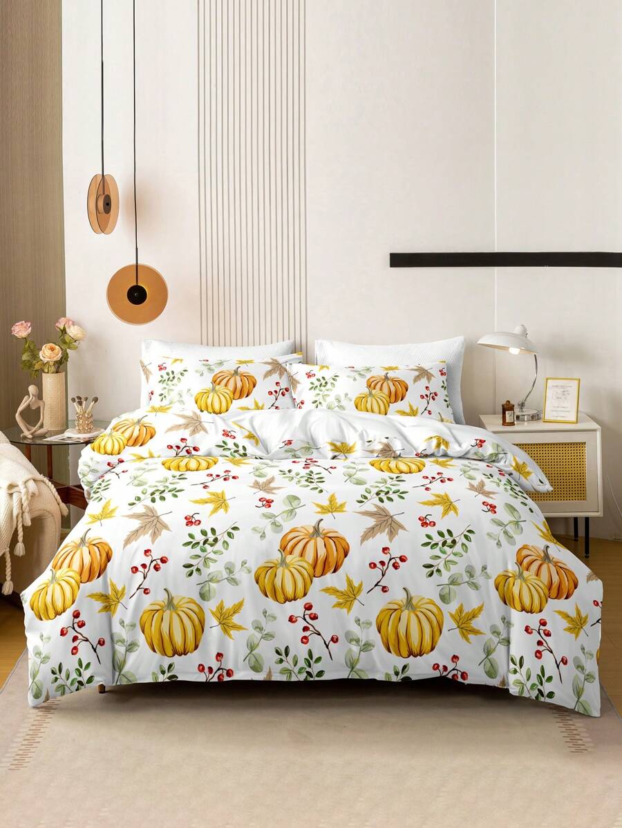 3pcs/Set Halloween Cute Ghost Pumpkin Digital Print Duvet Cover Set(1 Duvet Cover & 2 Pillowcase)Soft And Skin-Friendly Duvet Cover Bedding Set For Home, All Season Bed Sheets Set Halloween Gift - Multicolor - View 1