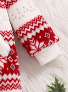 Baby Girl Fair Isle Pattern Fleece Hooded Jumpsuit, Holiday, For Christmas - Multicolor - View 8