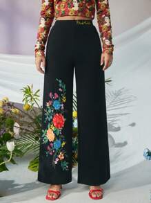 Frida Kahlo X SHEIN Fall And Winter Black Floral Print Artist Straight Leg Pants - Black - View 5