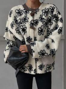 DAZY Women's Pattern Crew Neck Faux Thermal Lined Thicken Regular Jacket, Winter, Fall Women Clothes, Thermal Lined Women Coats - White - View 8