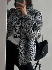 DAZY Women's Leopard Print Thermal Lined Warm Regular Jacket, Winter Cheetah Print,Fall Women Clothes,Thermal Lined Women Coats - Grey - View 5