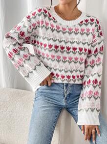 Chiquease Women Floral Pattern Crew Neck Long Sleeve Sweater, Knit Pullover Fall Winter - Multicolor - View 5