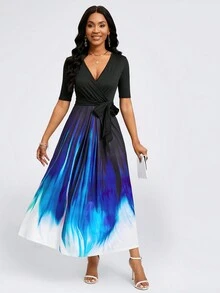 Plus Size Women's Elegant Tie-Knot Ombre Short Sleeve Dress, Autumn - Blue - View 1