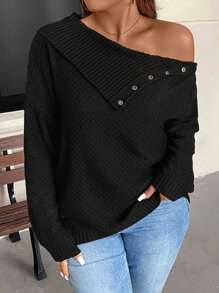 SHEIN LUNE Plus Size Women Black Sweater,Autumn Smart Casual Asymmetrical Shoulder Everyday Winter Versatile Two-Way Design Knitwear For Outings,Work,Shopping - Black - View 1