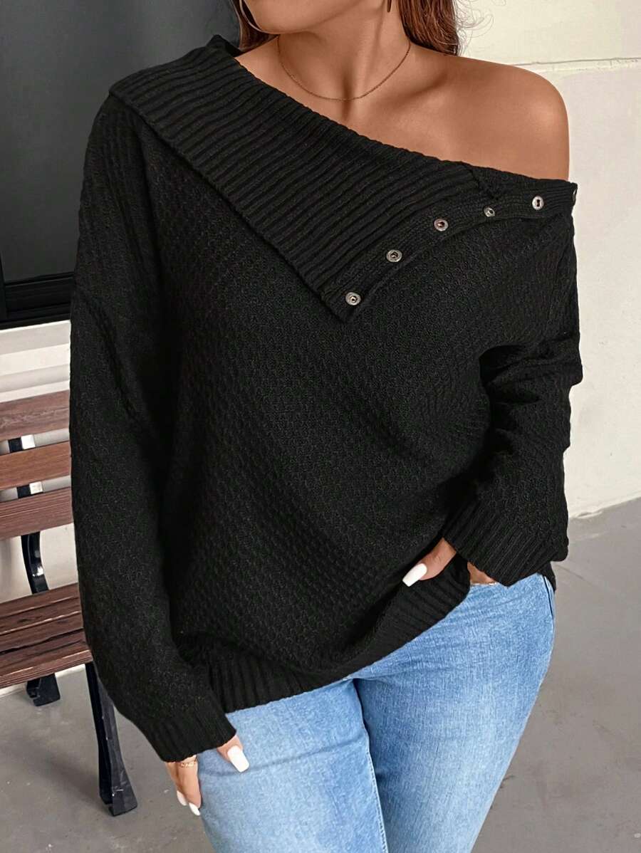 SHEIN LUNE Plus Size Women Black Sweater,Autumn Smart Casual Asymmetrical Shoulder Everyday Winter Versatile Two-Way Design Knitwear For Outings,Work,Shopping - Black - View 1