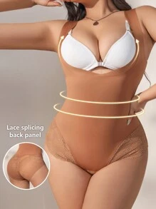 Plus Size Women Jumpsuit With Waist And Stomach Control, Lace Trim Crotch Closure, Sexy Design - Khaki - View 4