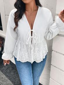 SHEIN Frenchy Áo cánh dài tay thêu cổ bẻ thiết kế kiểu Pháp thanh lịch giản dị thời trang cỡ lớn cho nữ - trắng - Xem 4