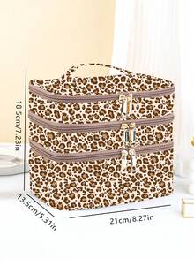 Ariqdhaksinargha Artist Leopard Print Fashionable 3 Layer Cosmetic Bag For Storage, Square-Shaped Makeup Bag - Multicolor - View 4